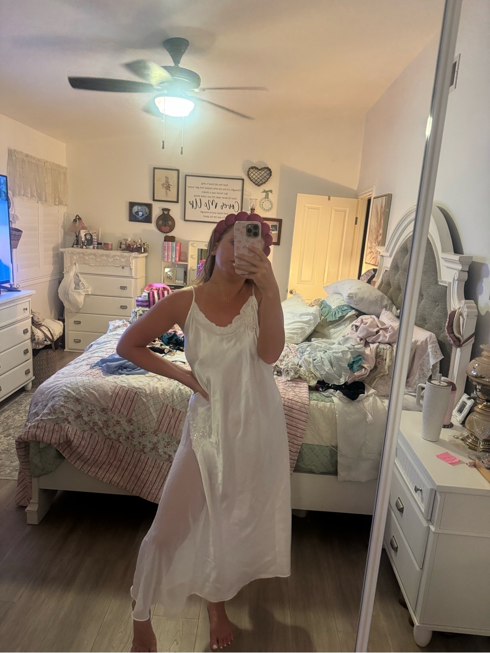 White Satin Slip Dress with Lace Trim